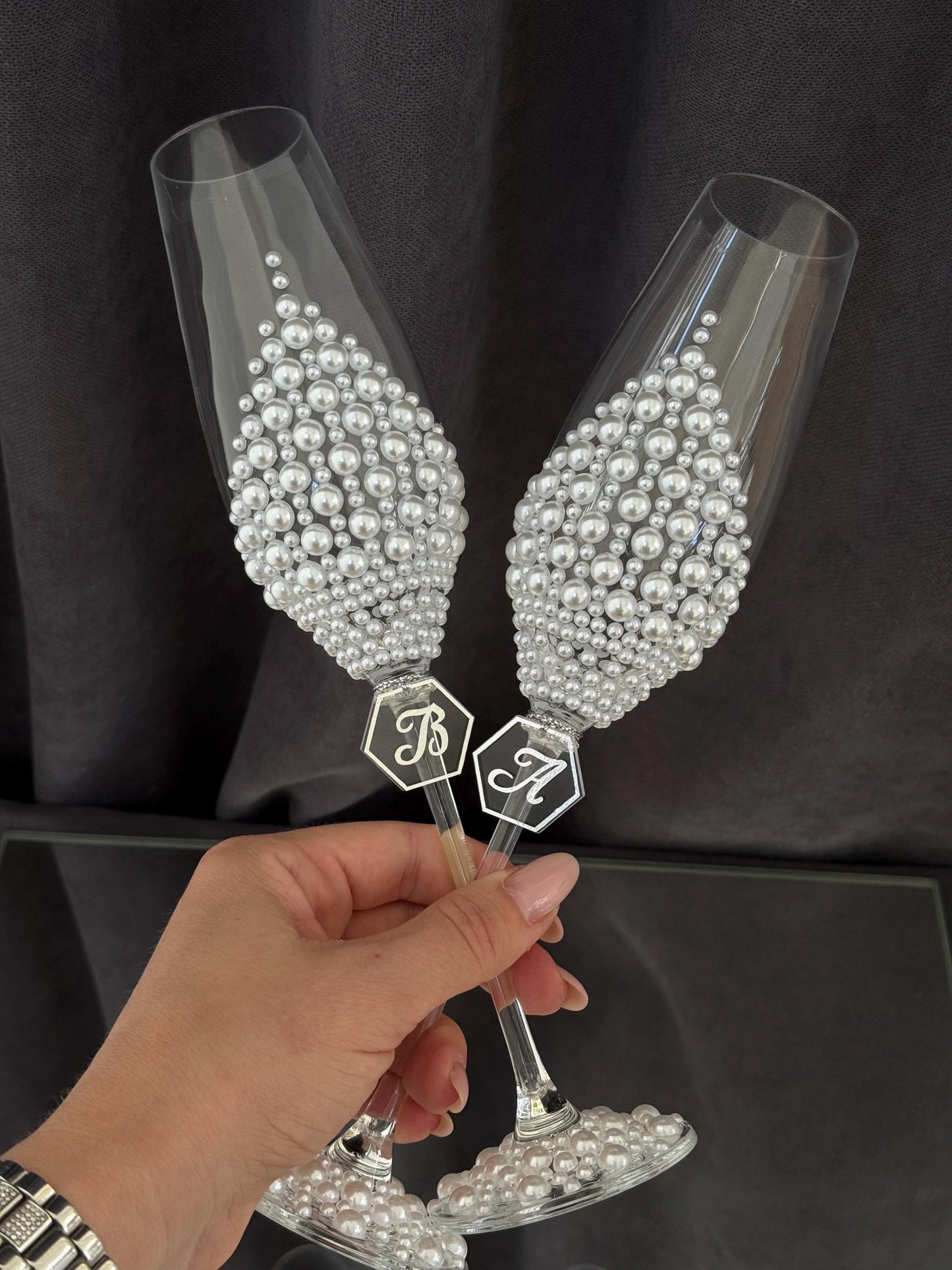 Gorgeous Wedding Flutes & Candle Set – White or Cream Glasses and Candles with Pearl Decoration, Wedding Gift, Bride and Groom