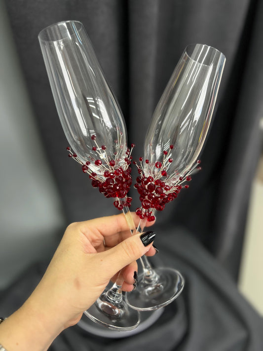 Personalized Red Wedding Flutes & Unity Candle Set: Engraved Champagne Glasses