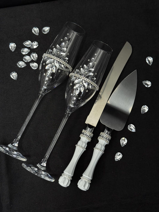 Silver Wedding Cake Serving Set: Champagne Flutes, Knife, Acrylic Crystals