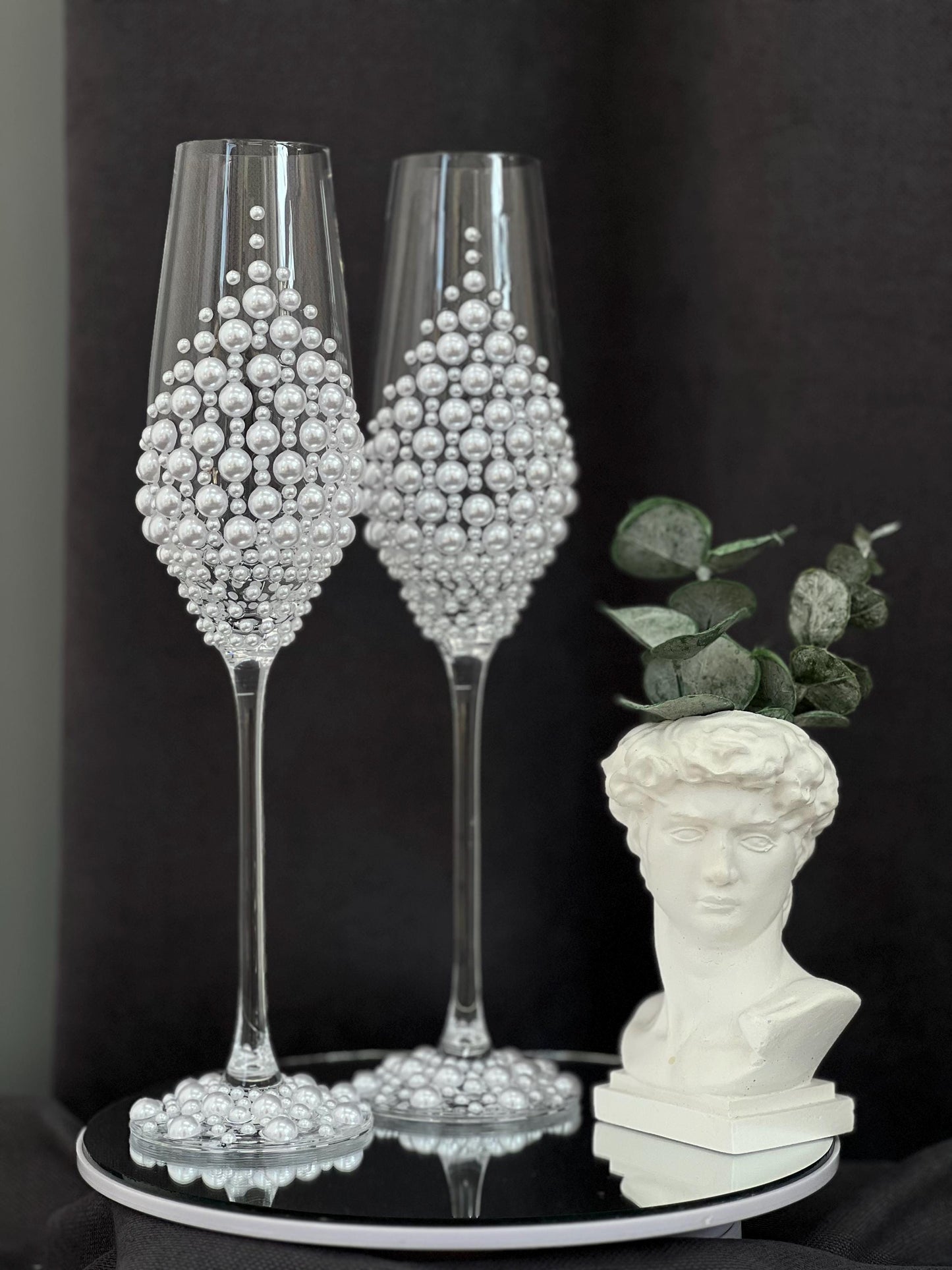 Gorgeous Wedding Flutes & Candle Set – White or Cream Glasses and Candles with Pearl Decoration, Wedding Gift, Bride and Groom
