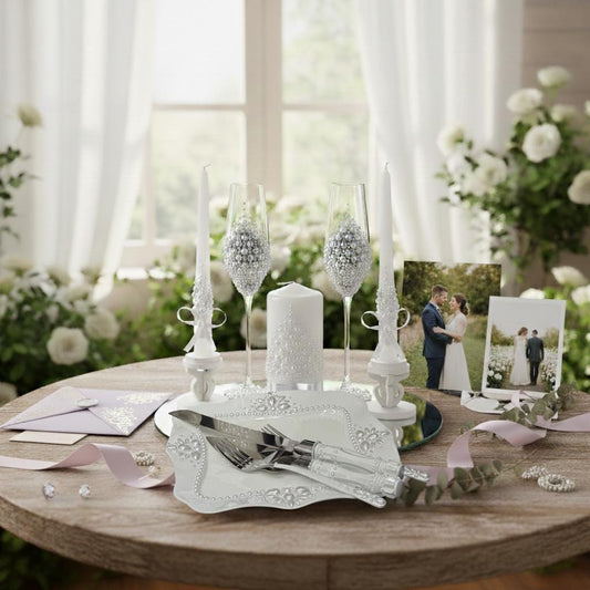 Wedding Flutes & Candle, Cutlery Set – White Glasses and Candles with Pearl Decoration, Wedding Gift, Bride and Groom