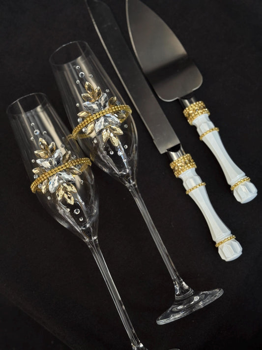 Gold Wedding Cake Serving Set: Champagne Flutes, Knife, Server, Acrylic Crystals