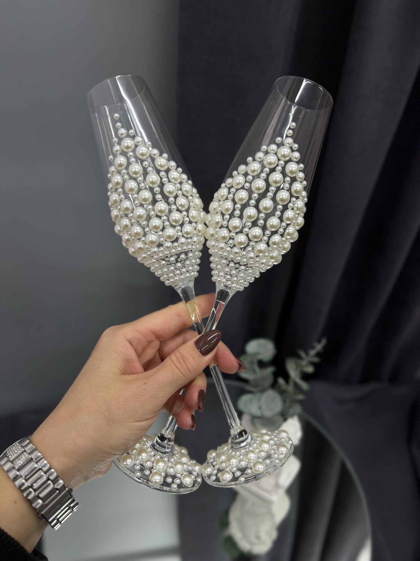 Gorgeous Wedding Flutes & Candle Set – White or Cream Glasses and Candles with Pearl Decoration, Wedding Gift, Bride and Groom