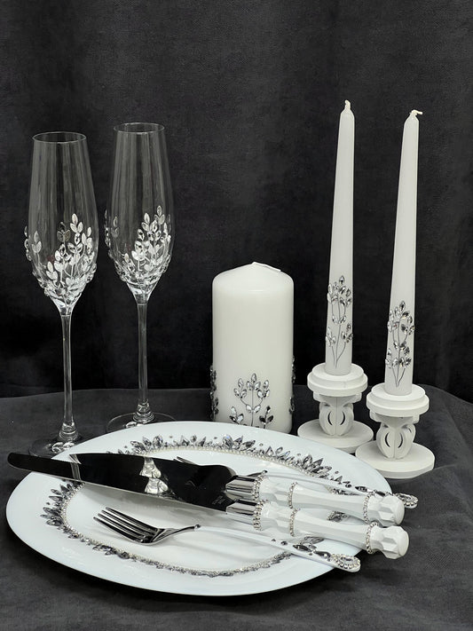 Wedding Accessories Set –  Handmade Glasses, Candle and Cake Cutting Collection, Plate & Forks,