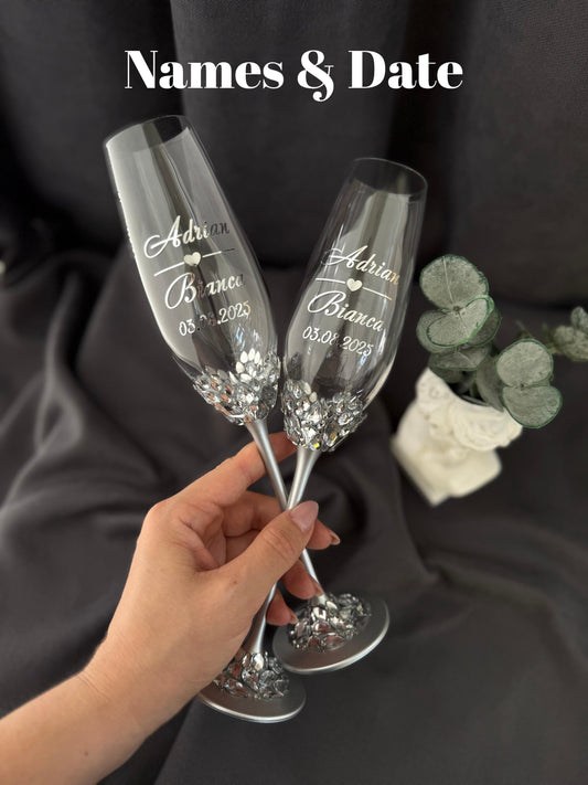 Personalized Wedding Champagne Glasses, Engraved Bride & Groom Toasting Flutes, Custom
