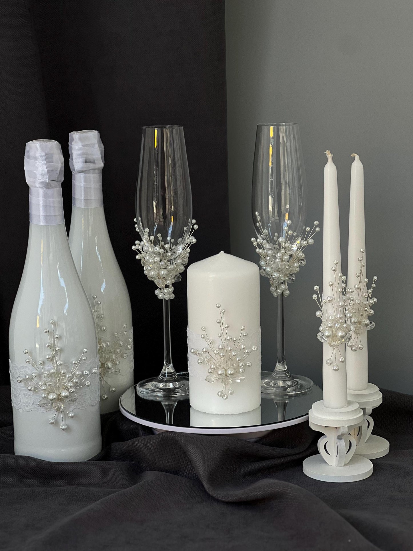 Crystal & Pearl Wedding Champagne Glasses and Candle Set: Bohemian Flutes