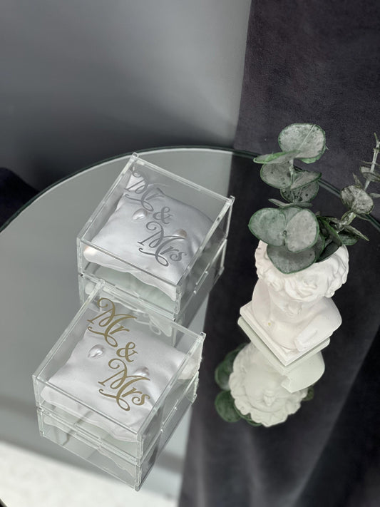 Personalized Wedding Ring Box, Acrylic Transparent Holder with Beads, Cushion, Gold or Silver