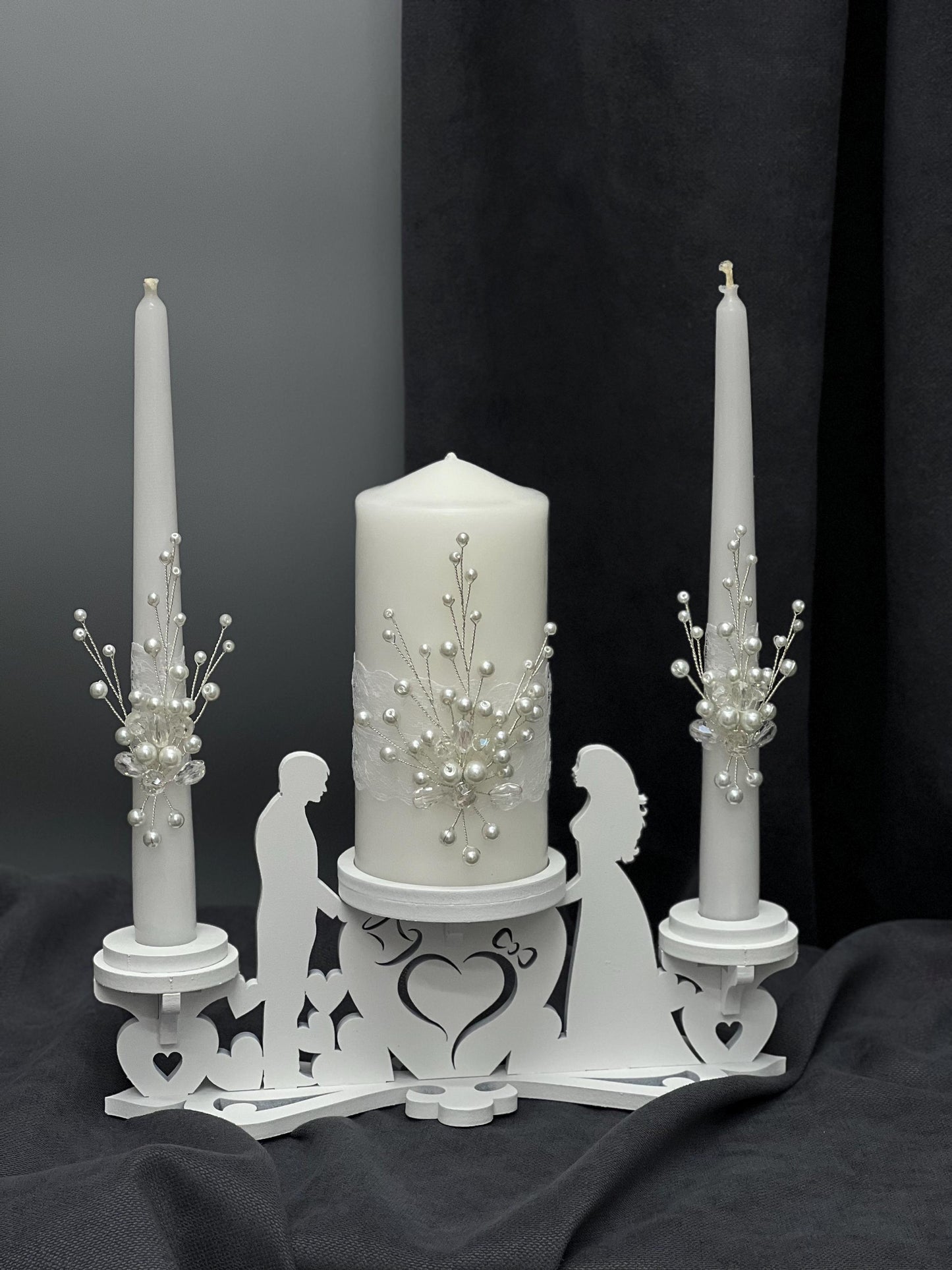 Crystal & Pearl Wedding Champagne Glasses and Candle Set: Bohemian Flutes