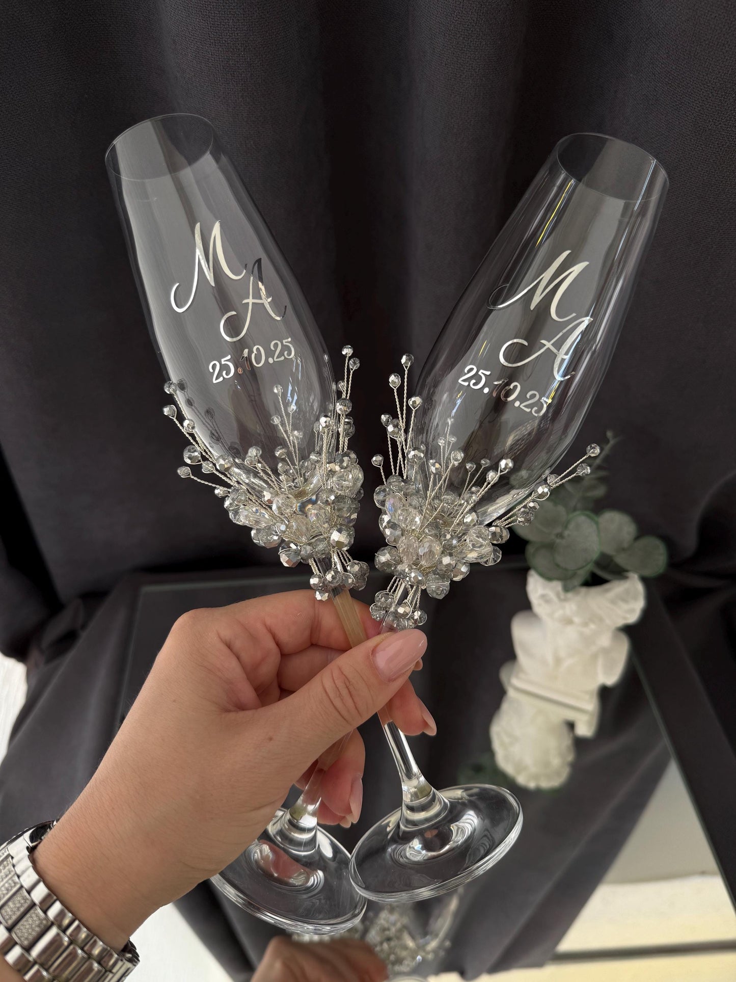 Crystal & Pearl Wedding Champagne Glasses and Candle Set: Bohemian Flutes
