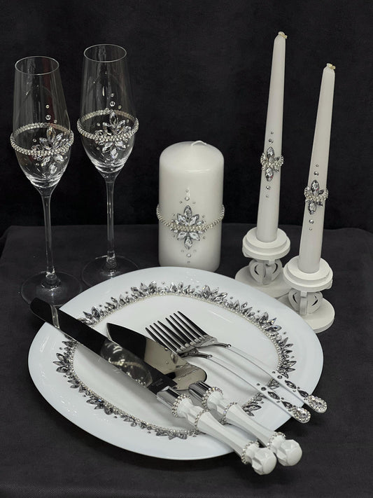 Wedding Accessories Set with Champagne Flutes, Cake Serving, Candles, Bride and Groom
