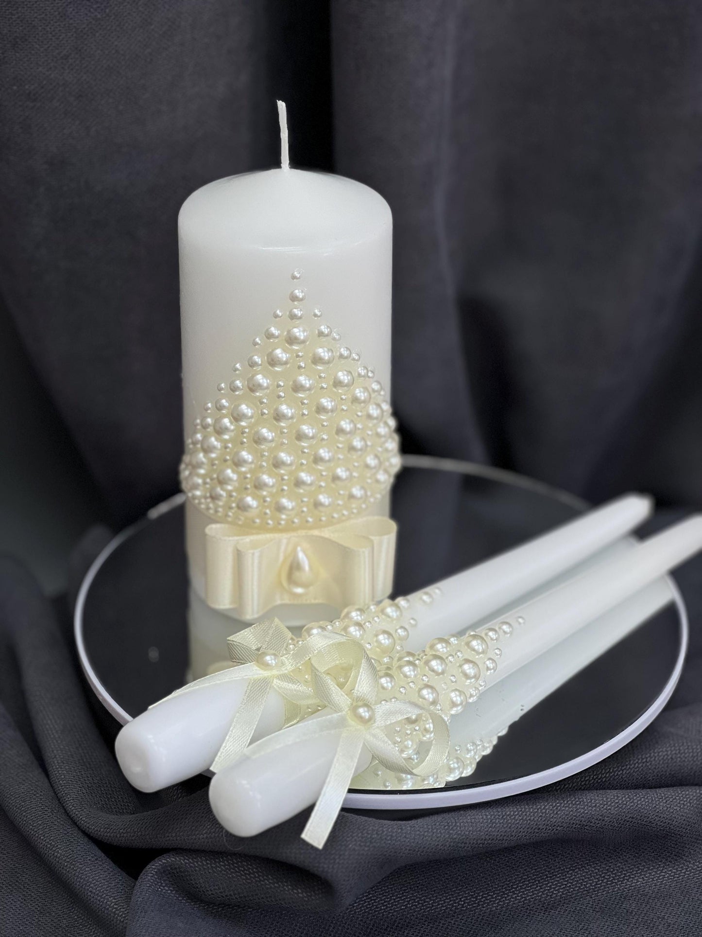 Gorgeous Wedding Flutes & Candle Set – White or Cream Glasses and Candles with Pearl Decoration, Wedding Gift, Bride and Groom