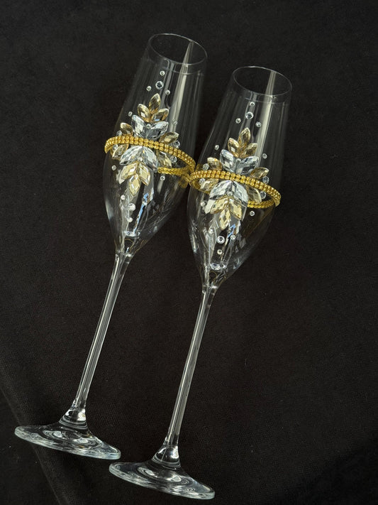 Gold Wedding Cake Serving Set: Champagne Flutes, Knife, Server, Acrylic Crystals