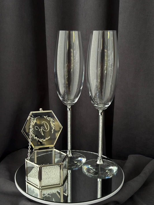 Crystal Wedding Glasses with Personalization, For Newlyweds, Bride and Groom, Name Engraved Flutes