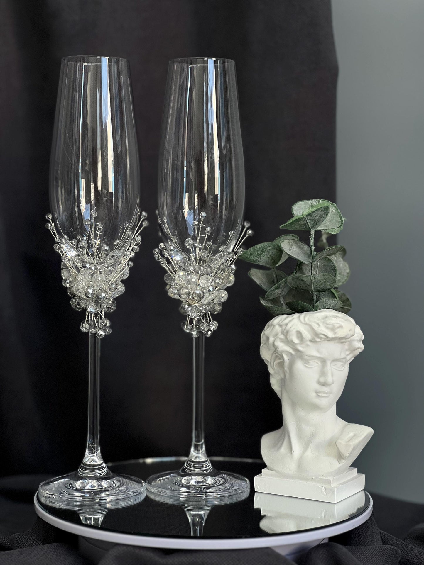 Crystal & Pearl Wedding Champagne Glasses and Candle Set: Bohemian Flutes