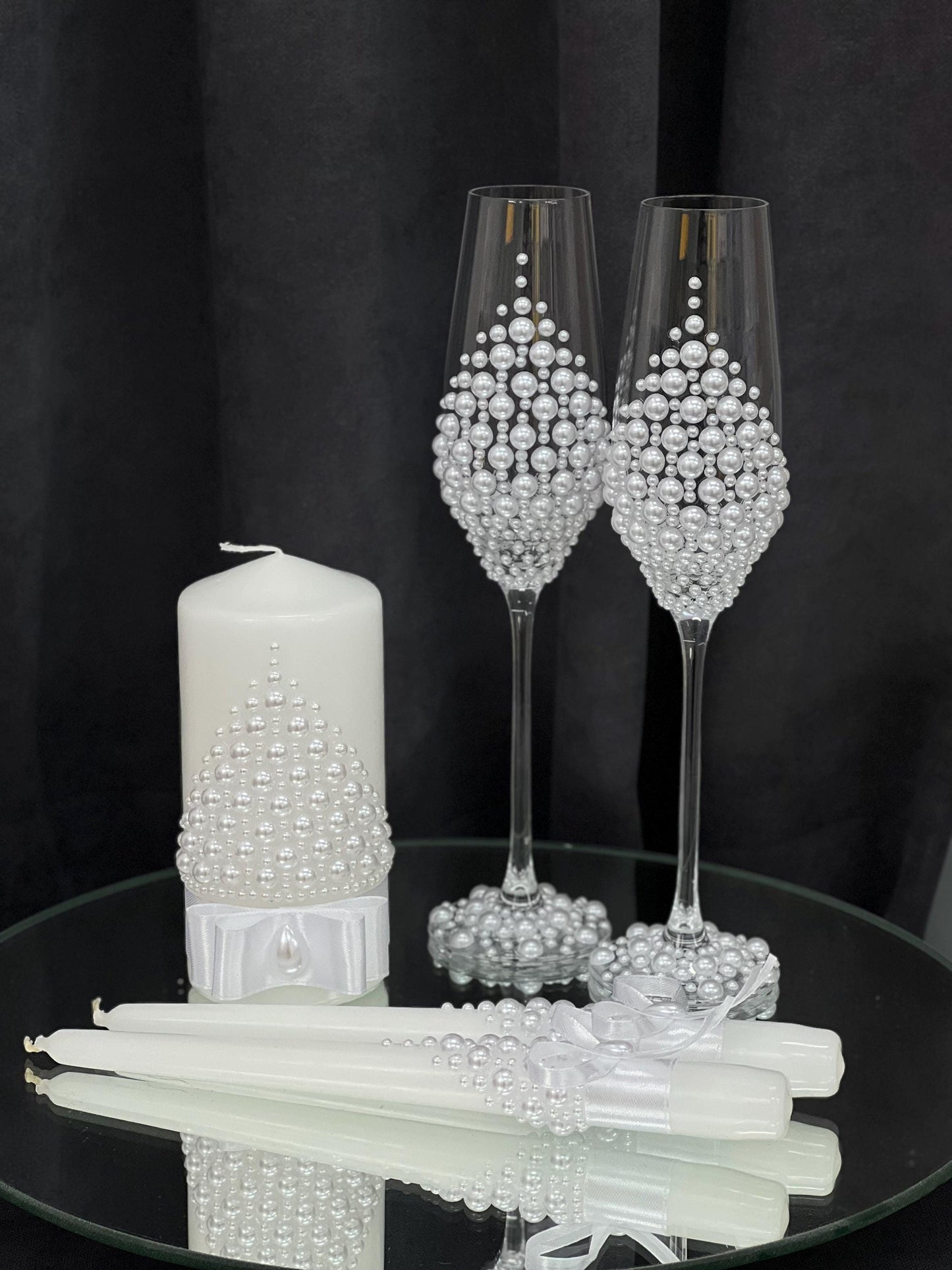 Gorgeous Wedding Flutes & Candle Set – White or Cream Glasses and Candles with Pearl Decoration, Wedding Gift, Bride and Groom