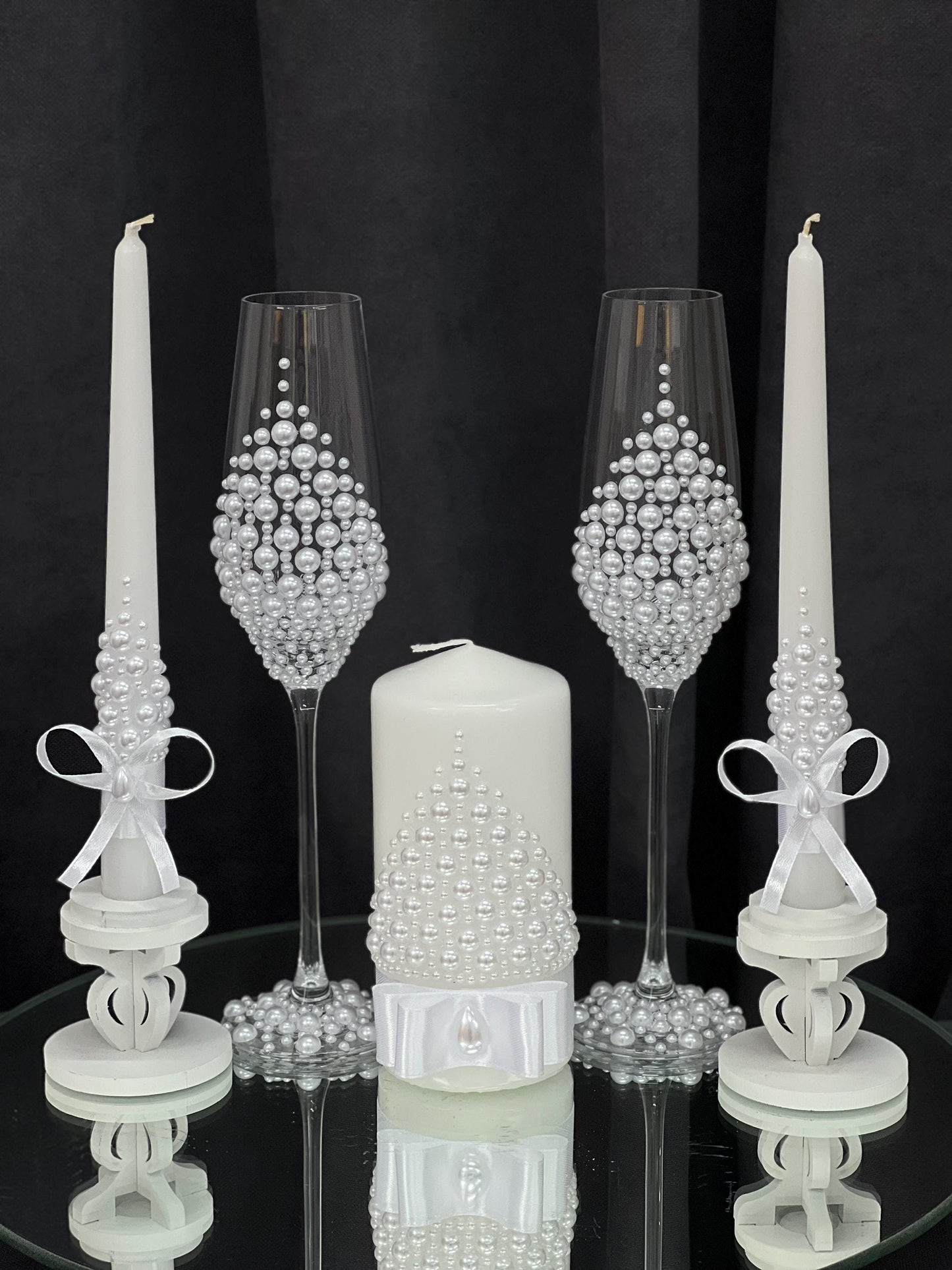 Gorgeous Wedding Flutes & Candle Set – White or Cream Glasses and Candles with Pearl Decoration, Wedding Gift, Bride and Groom
