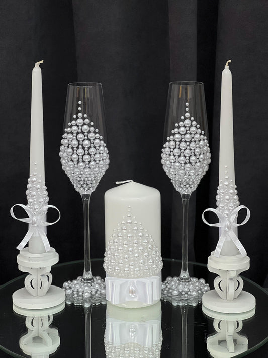 Gorgeous Wedding Flutes & Candle Set – White or Cream Glasses and Candles with Pearl Decoration, Wedding Gift, Bride and Groom