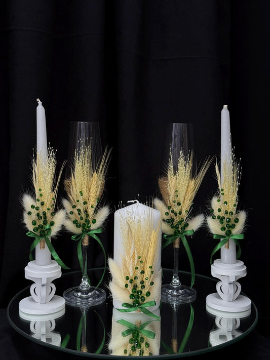 Stunning Wedding Flutes & Candle Set – White or Cream Glasses and Candles with Emerald Crystal Decoration, Wedding Gift, Bride and Groom